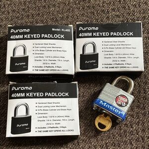 "Lot: 3 New Puroma 40mm Keyed Padlock 2-Packs (6 Locks) + Used Master Lock #3"